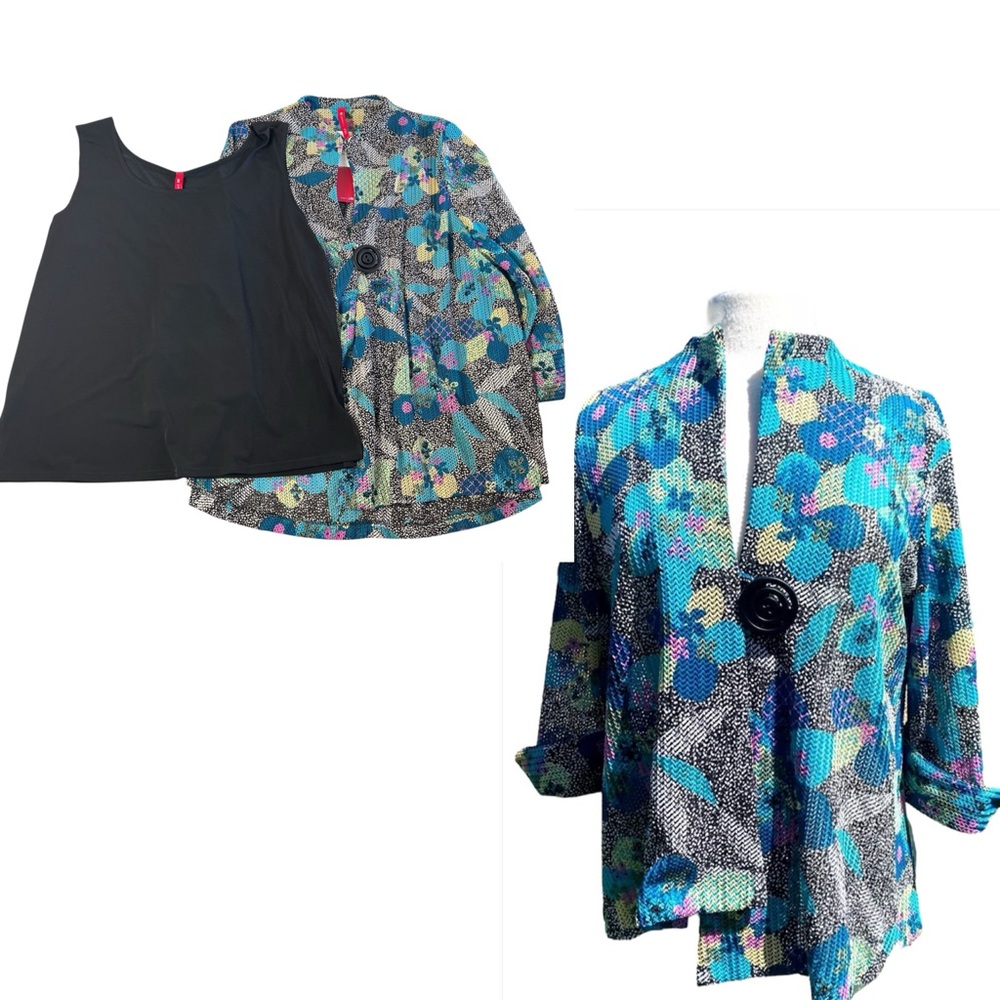 IC By Connie K Set Wearable Art vibrant Floral Asymmetrical Jacket N Tank SZ XL